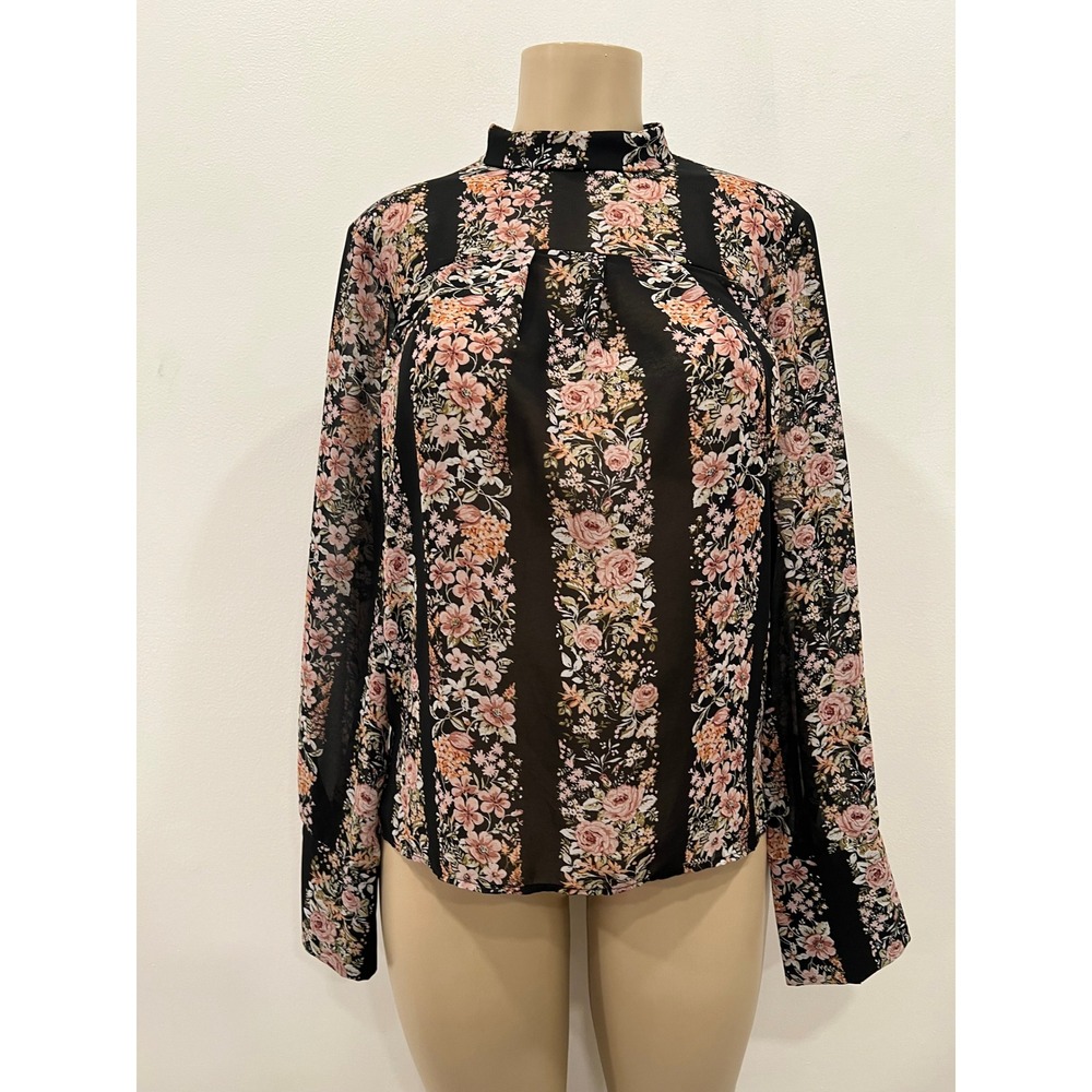 Forever 21 Floral Blouse Sheer Chiffon Mock Neck Women M Black Pink Long Sleeve
